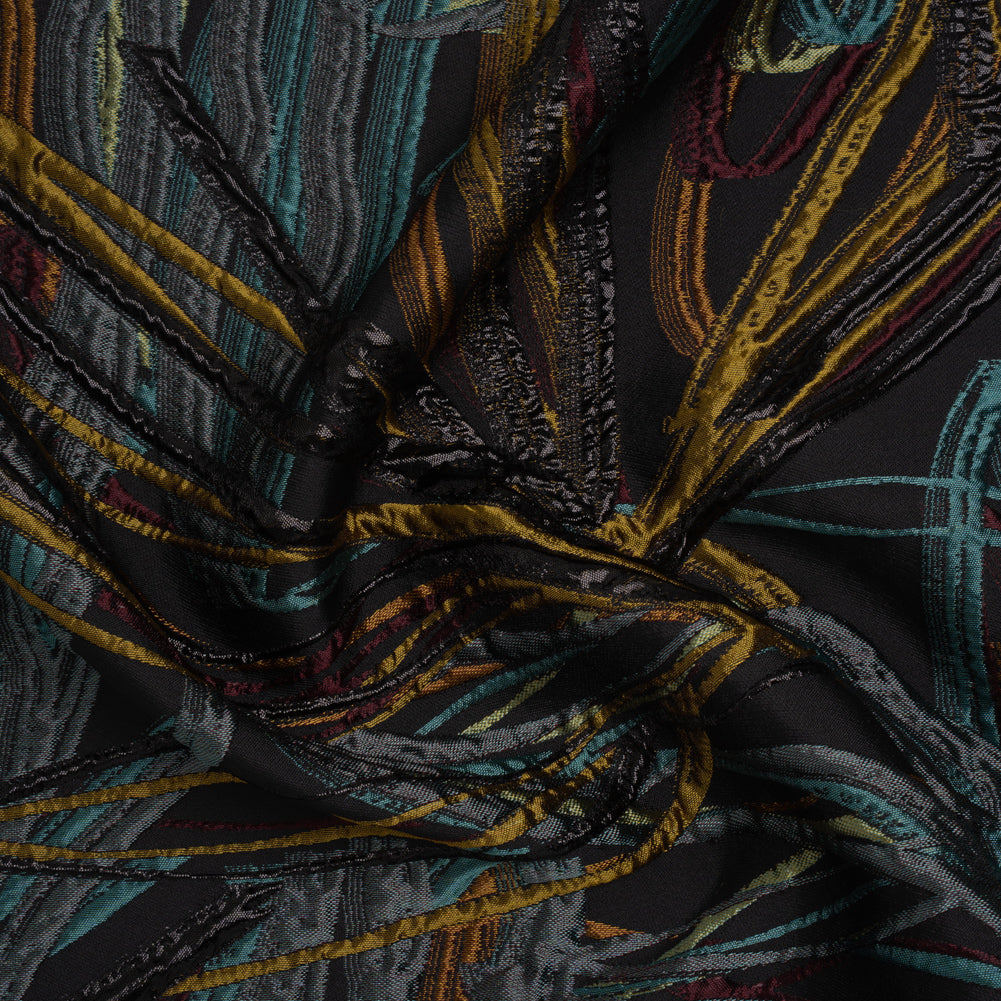 Metallic Polyester and Acetate Brocade - Dusty Teal, Mustard Yellow and Black Bunches of Leaves - Joann Fabrics