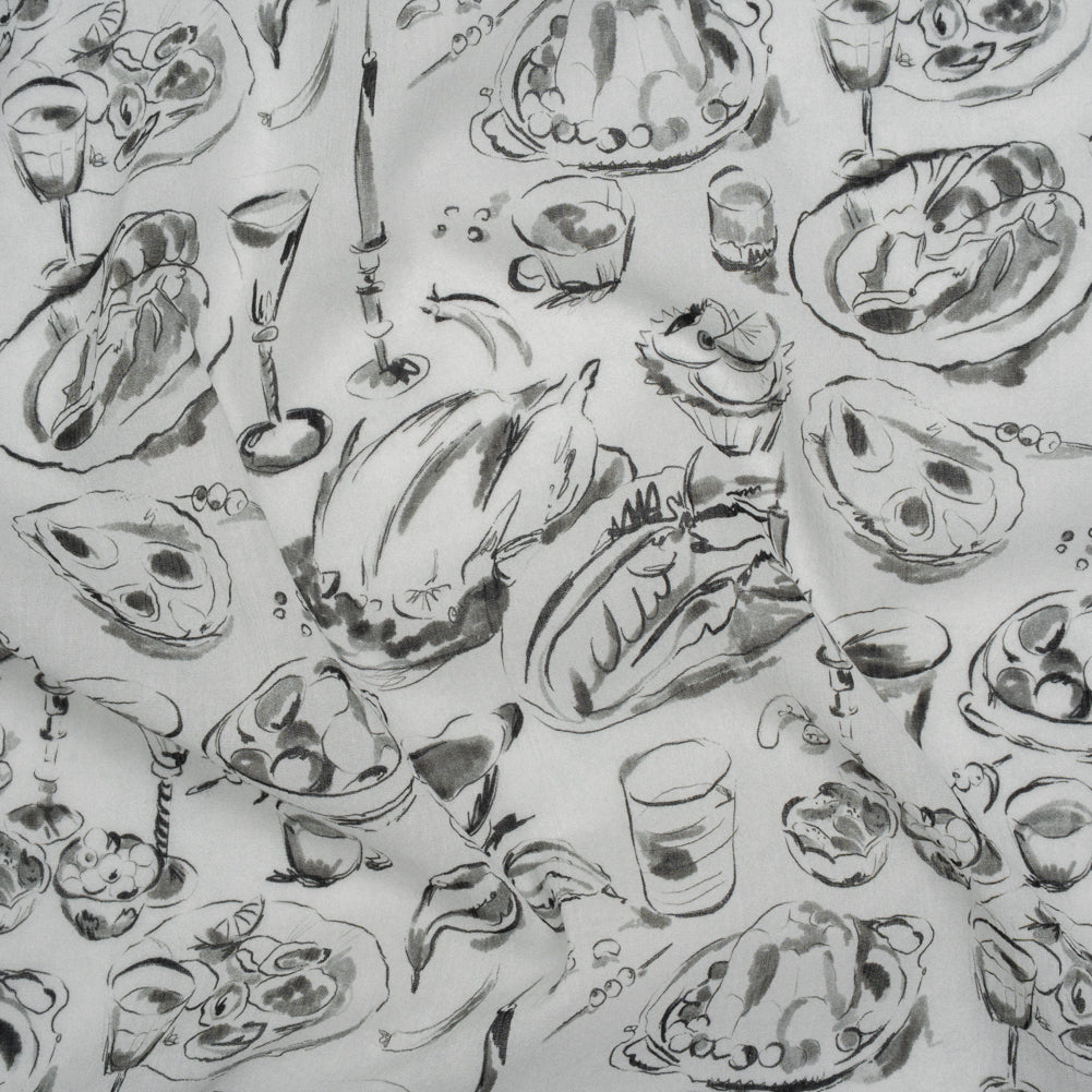Crinkled Cotton Gauzy Woven - Black, White and Gray Food Sketches - Mood Exclusive Dinner Party Print - Joann Fabrics