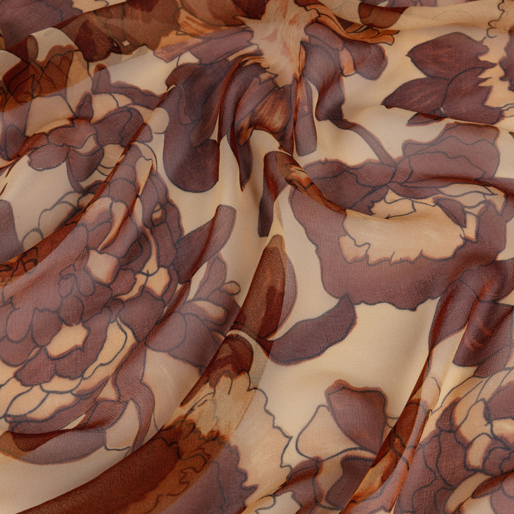 Brown and Tan Painted Flowers Silk Chiffon - Joann Fabrics