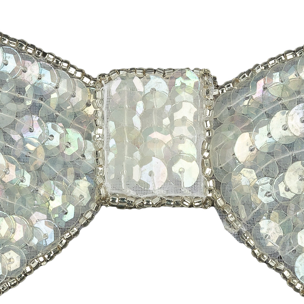 Vintage Iridescent White and Silver Lined Sequined and Beaded Bow Applique - 2.75