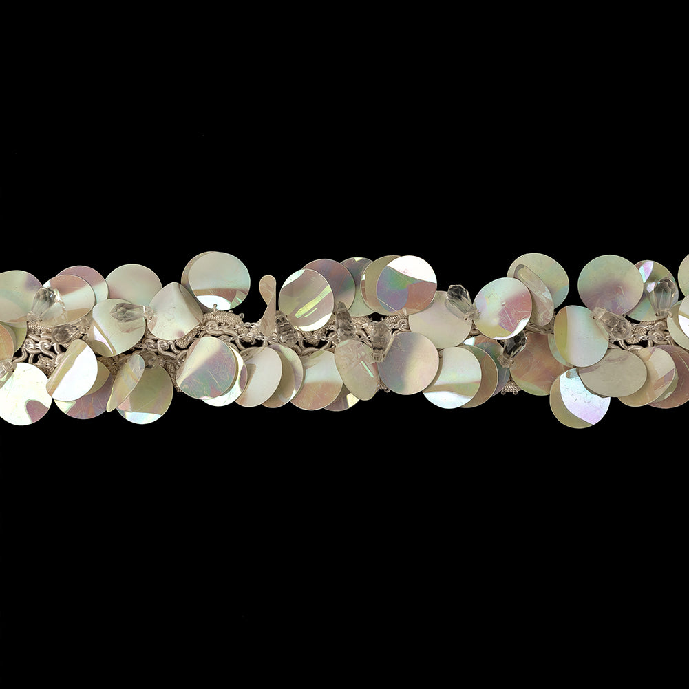 Vintage White Iris Paillette Sequins and Faceted Teardrop Beaded Fringe Trimming on Ivory Braid - 2.125