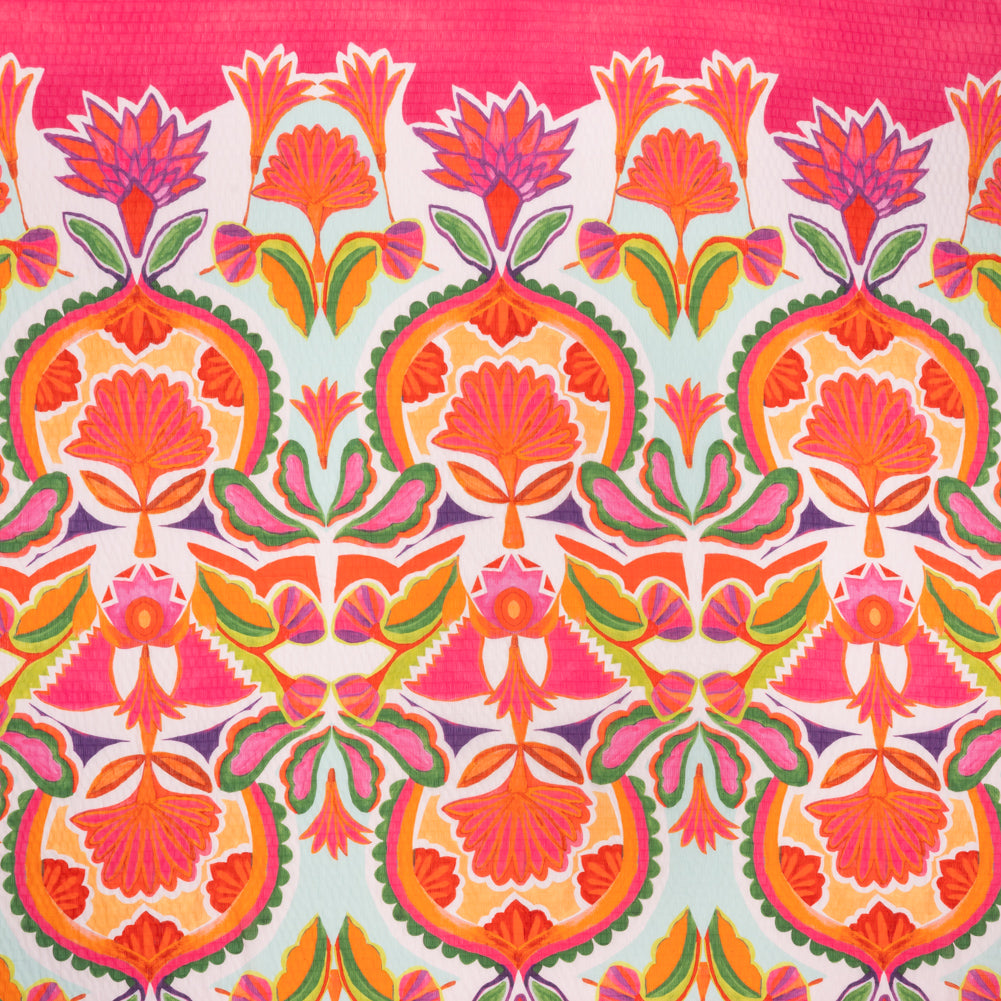 Polyester Wide Stripe Seersucker Panel - Red, Orange and Aqua Blue Floral - Designer Deadstock - Joann Fabrics
