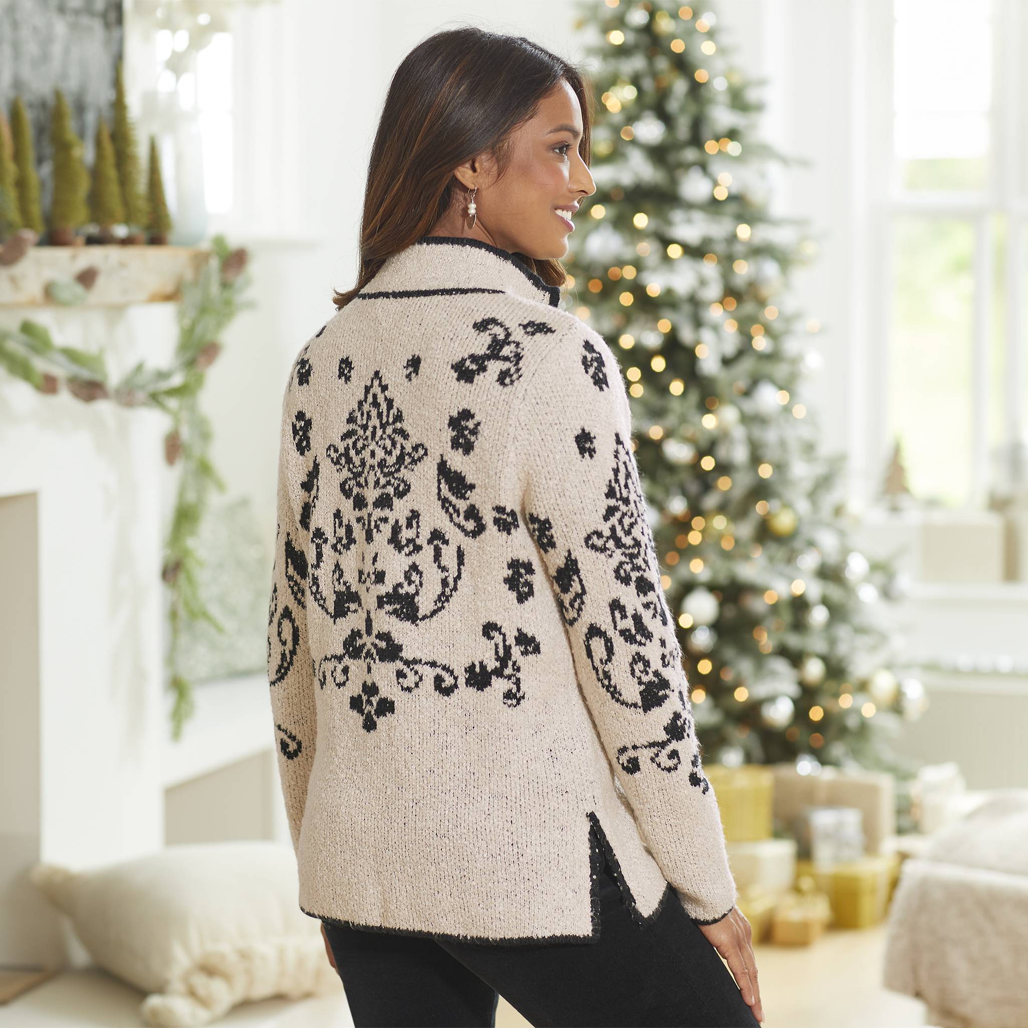 Stencil-Pattern Jacquard Sweater, Half-Zip Pullover, Side Slits - Northstyle Catalog