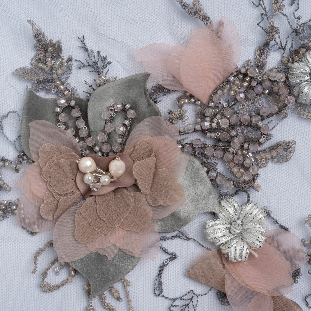 Embroidered and Beaded Bridal Tulle with 3D Velvet and Chiffon Fabric Flowers - Blue and Mauve Elegant Floral Arrangements - Joann Fabrics