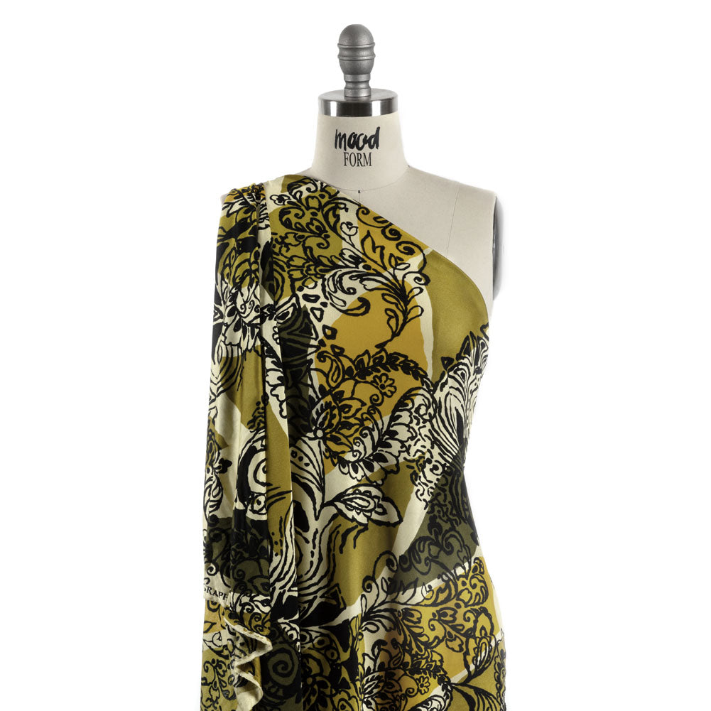 Olive, Goldenrod, and Kiwi Diamonds and Floral Outlines Silk Jersey - Joann Fabrics