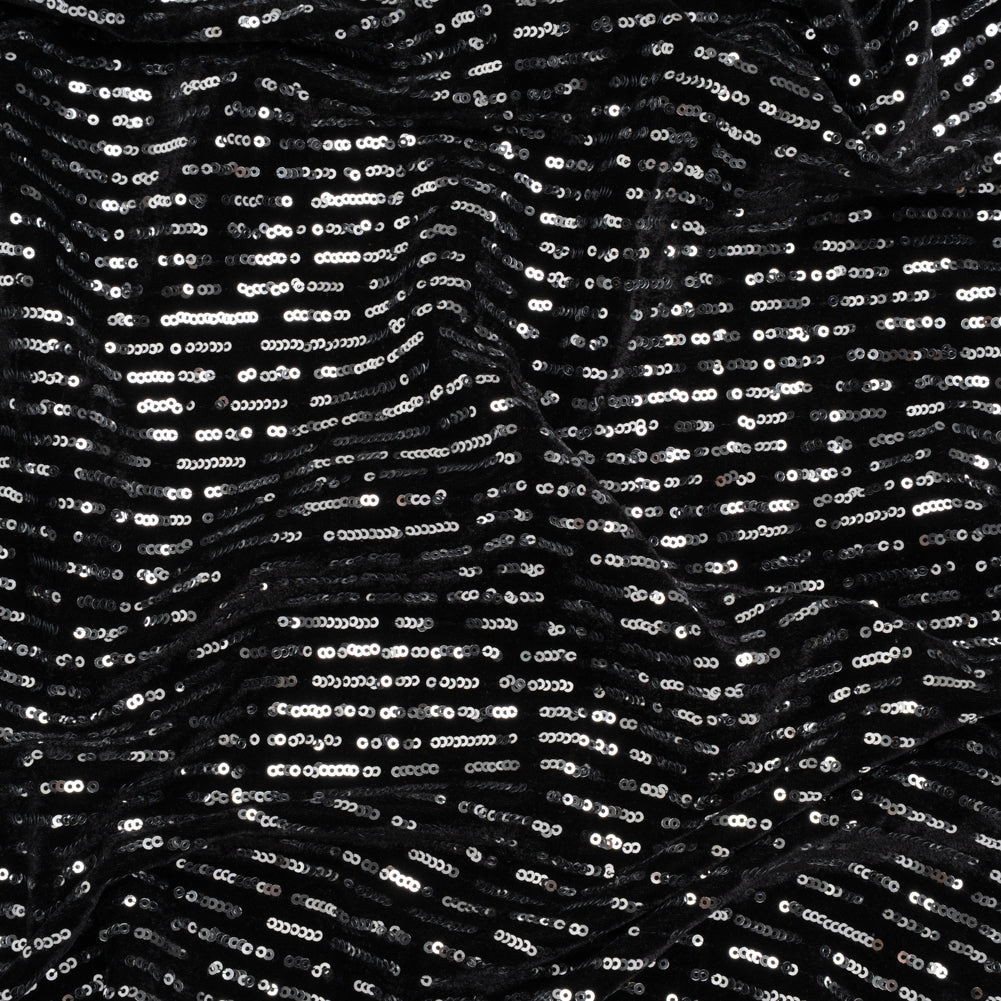 Polyester Velour with Sequins - Black and Silver Broken Stripes - Designer Deadstock - Joann Fabrics