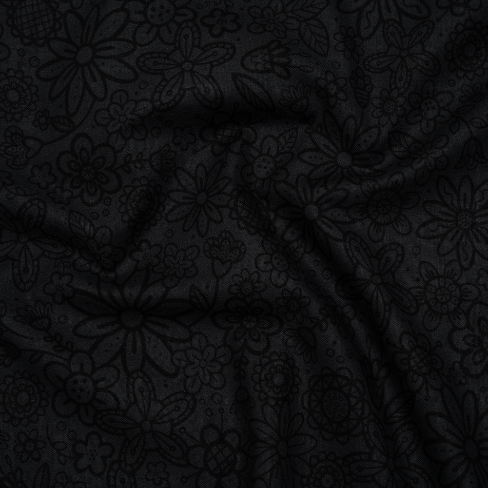 Printed Quilting Cotton by Patrick Lose for Northcott - Black on Black Groovy Garden Floral - Basically Black & White Collection - Joann Fabrics