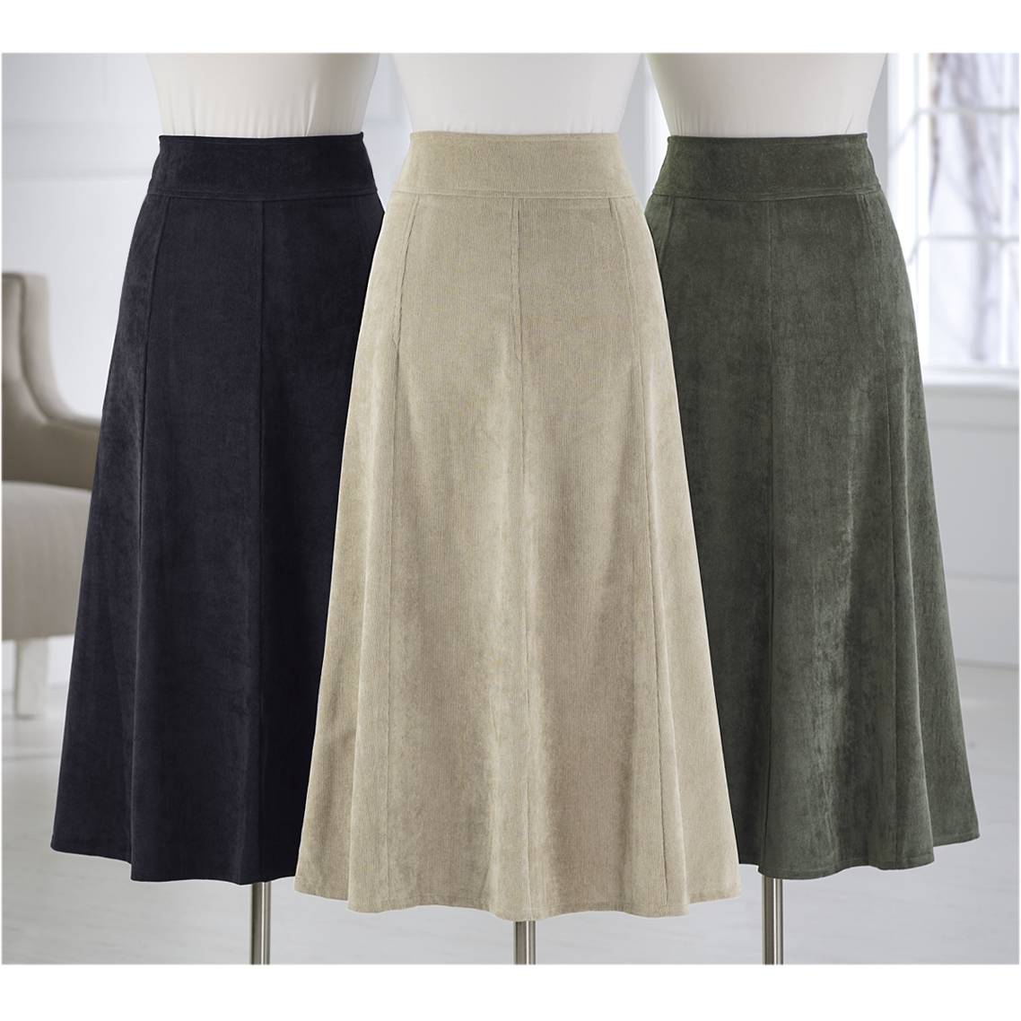 Silky Stretch Corduroy Boot Skirt, Side Zipper, Wide Waistband - Northstyle Catalog