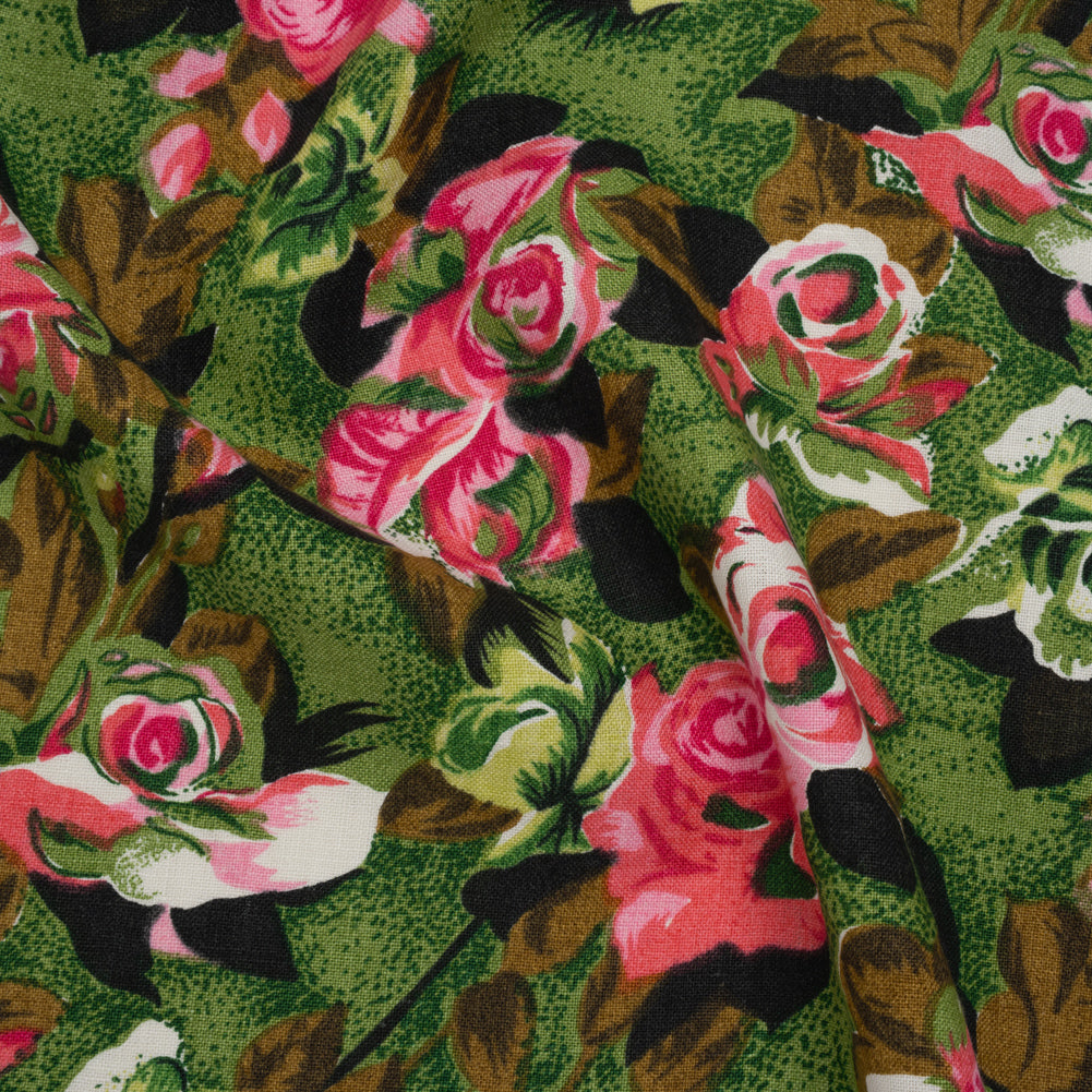 Medium Weight Linen Woven Print - Pink, Green and Brown Roses - Joann Fabrics