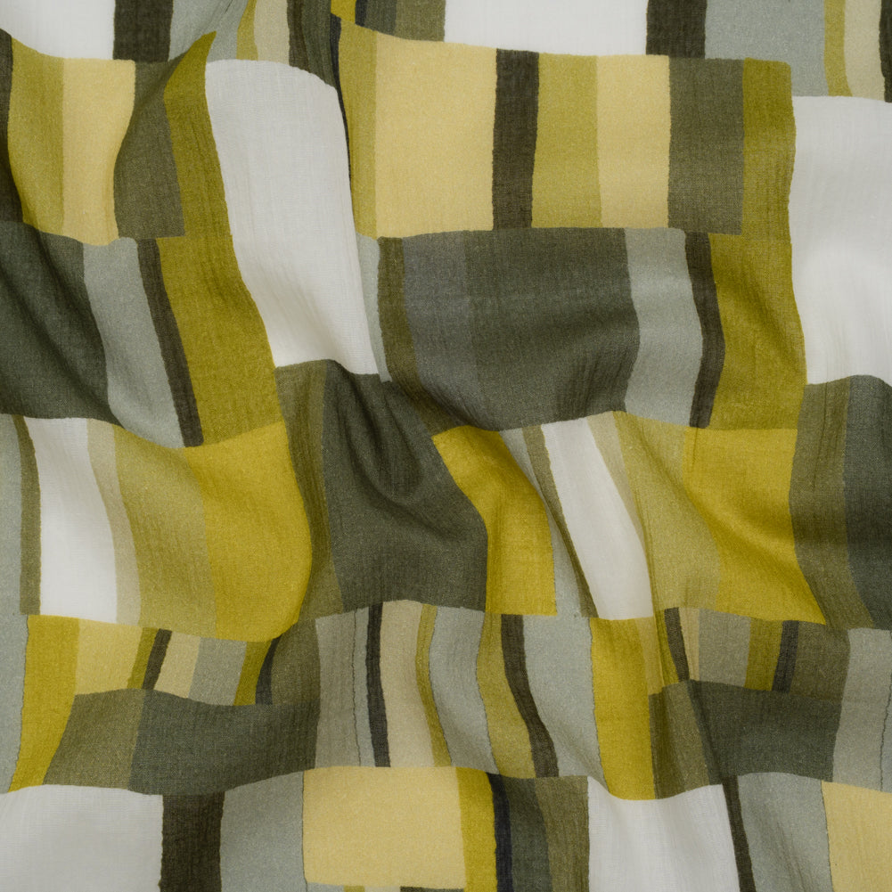 Crinkled Cotton Gauzy Woven - Golden Olive, Light Yellow and Dark Olive Green Blocks - Mood Exclusive Geode Geometry Print - Joann Fabrics
