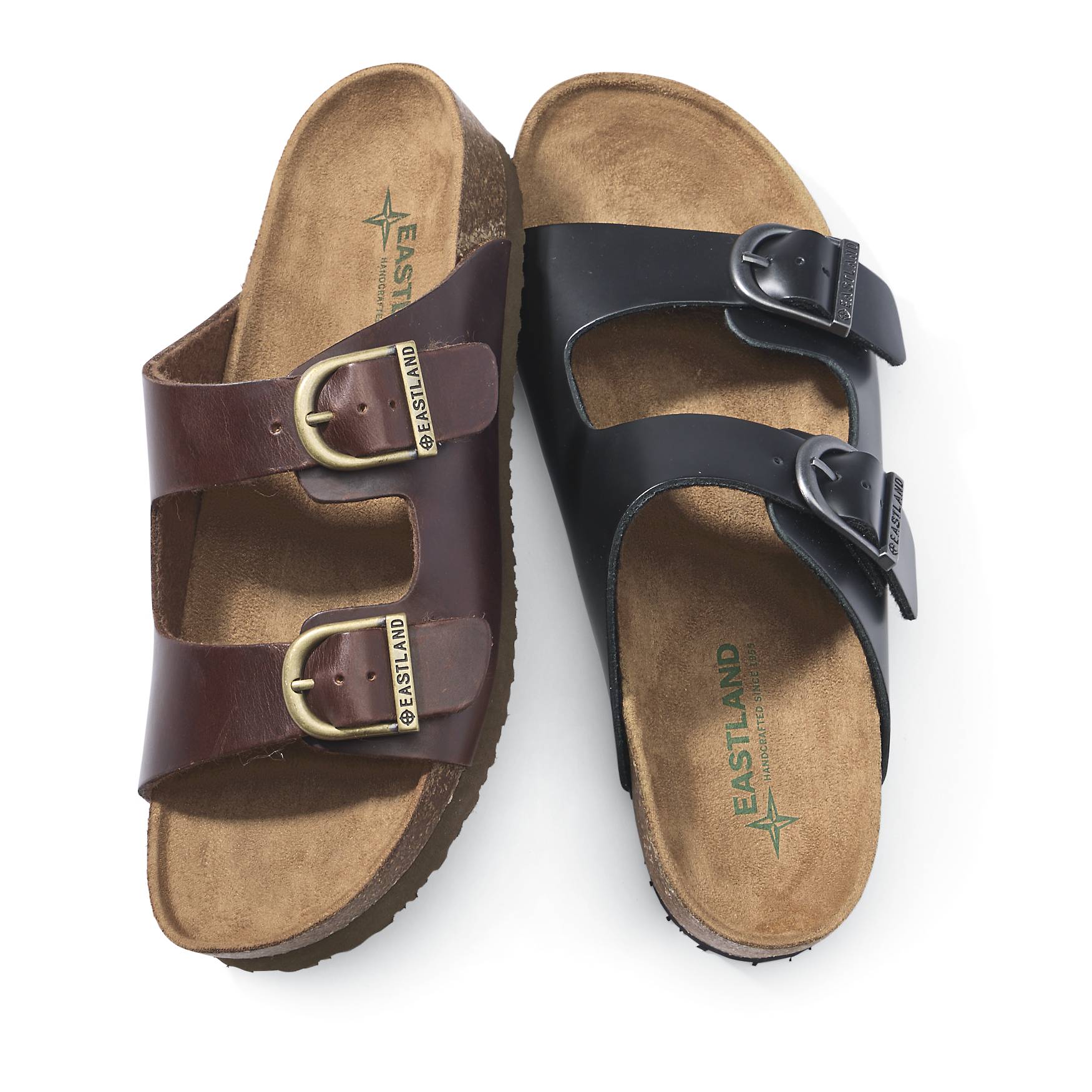 Eastland® Leather Double-Strap Buckle Slide Sandals, Contoured Footbed - Northstyle Catalog