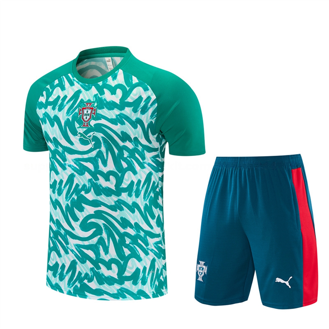 Portugal 2026 Short-Sleeve Training Set - Colors Top & Dark Teal Blue With A Red Stripe On The Side Pants - UnitedFutballJersey