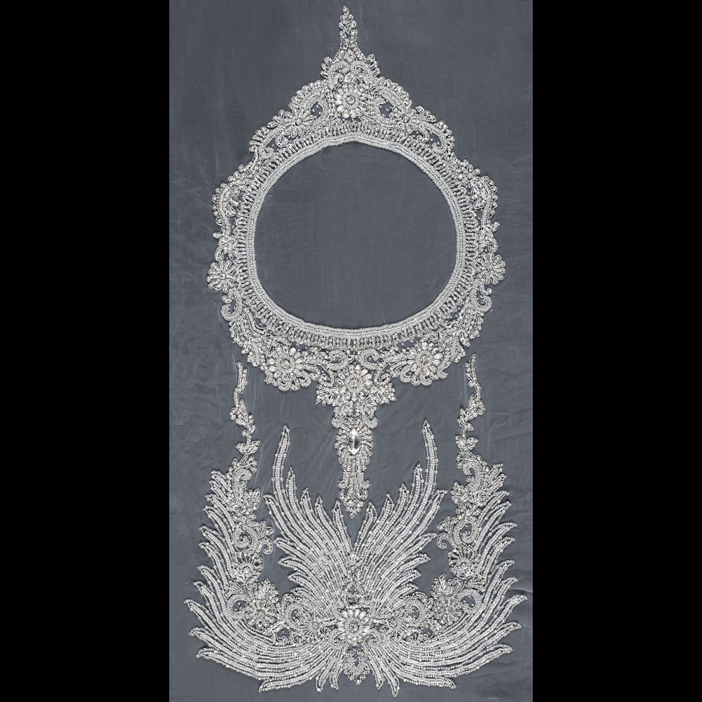 Fancy Silver Beaded Rhinestone Panel on a White Mesh - 37.5