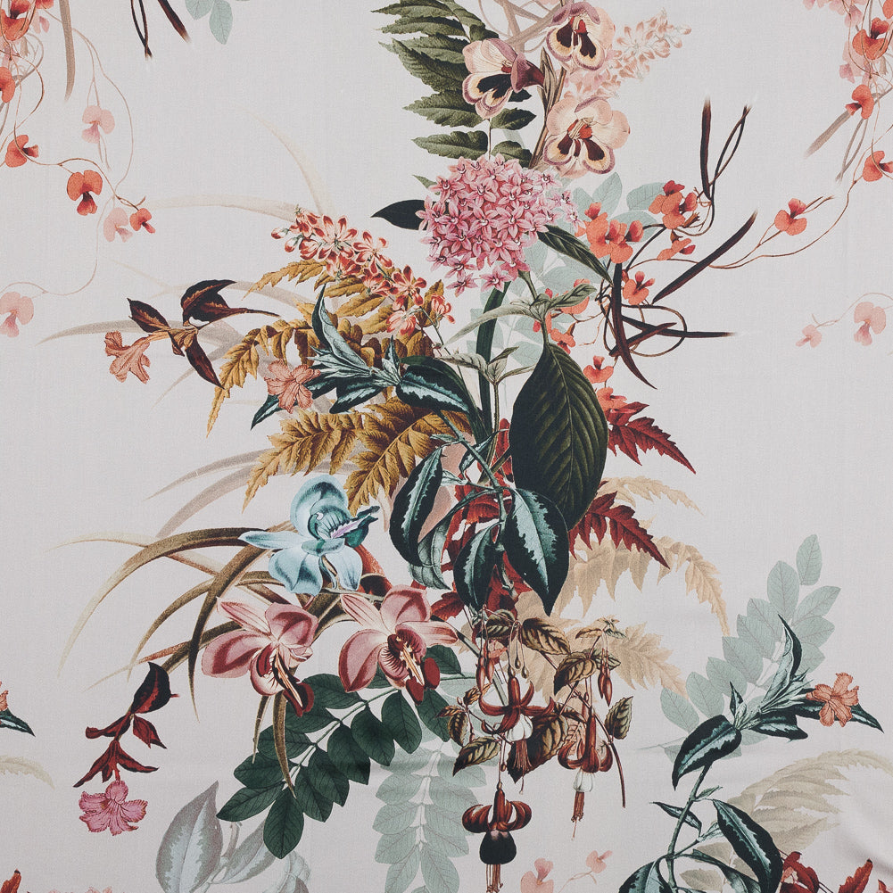 Stretch Cotton Sateen - Pale Green and Coral - Ile des Orchidees Print - Mood Exclusive Jacques Collection - Joann Fabrics