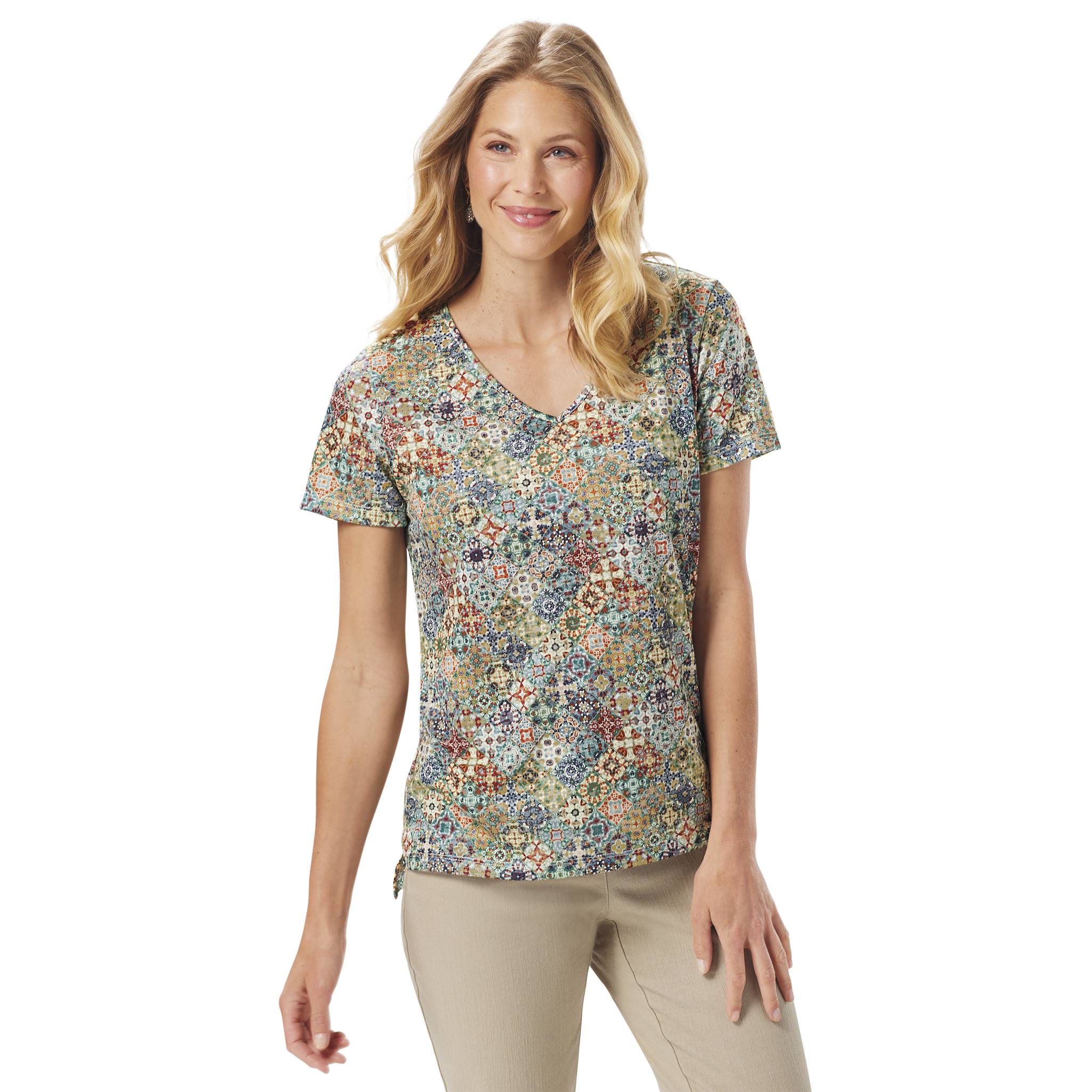 V-Neck Tile-Print Top, V-Neck, Short Sleeves, Side Slots - Northstyle Catalog