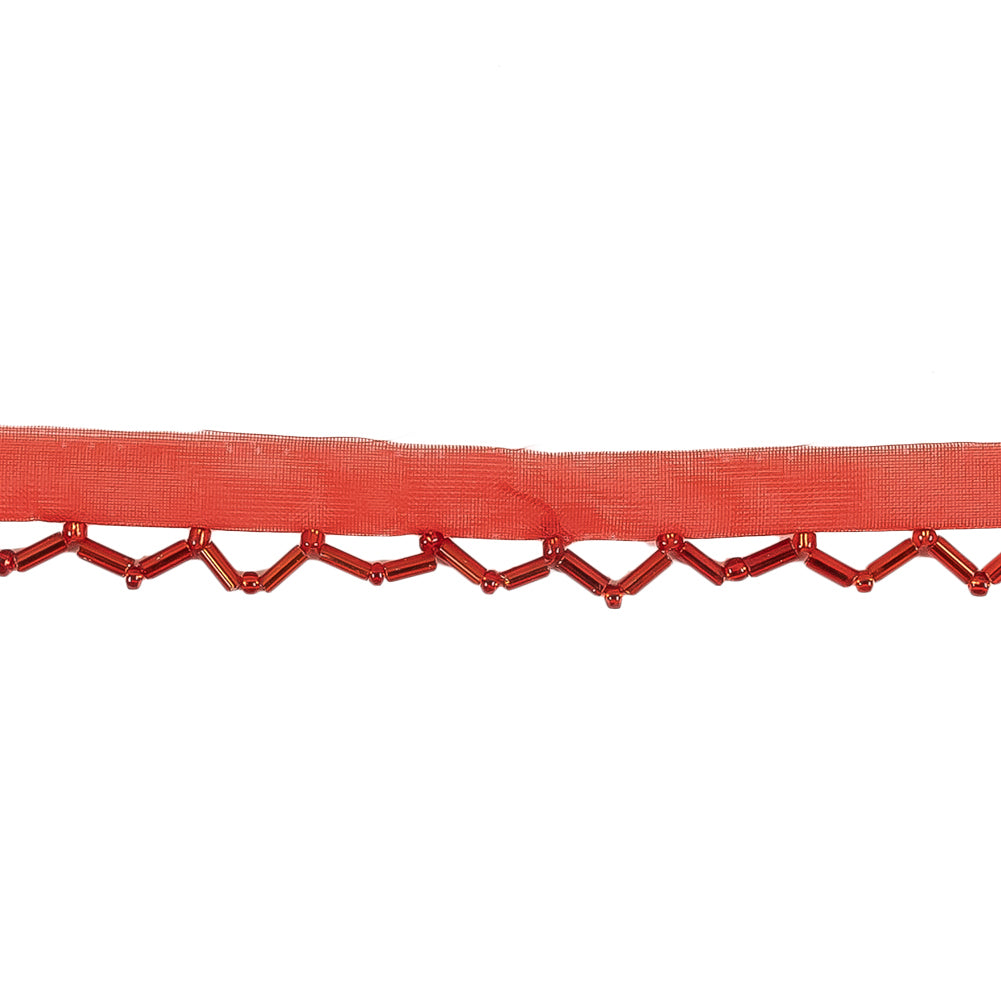 Vintage Red Beaded Scalloped Fringe Trim on Polyester Mesh - 0.5