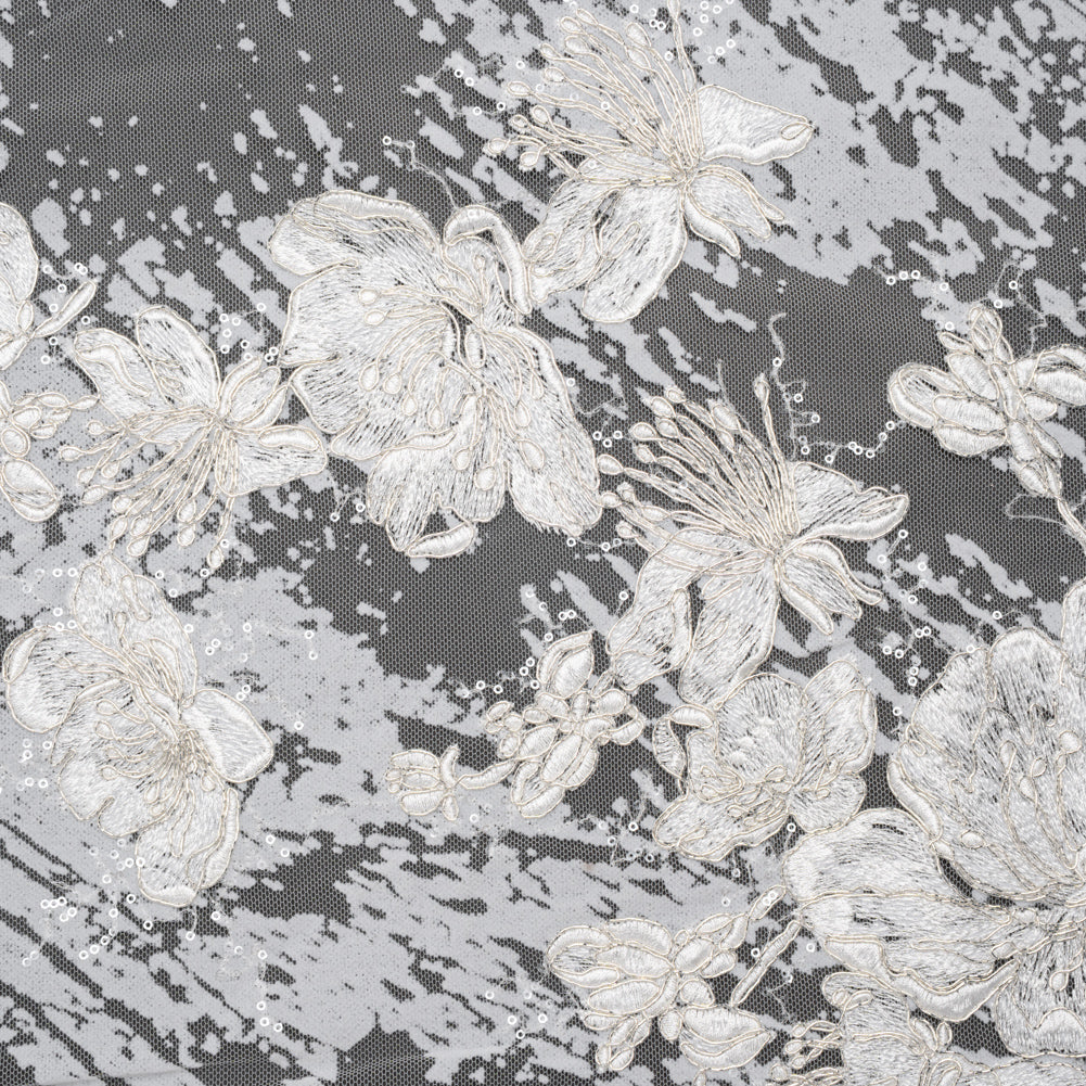 Embroidered Abstract Flocked Tulle with Baby Sequins - Off White Floral - Joann Fabrics
