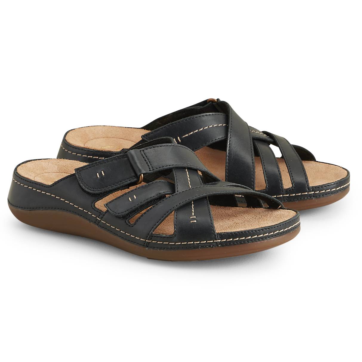 Clarks® Leather Slide Sandals, Hook-and-Loop Straps, Contoured Footbed - Northstyle Catalog