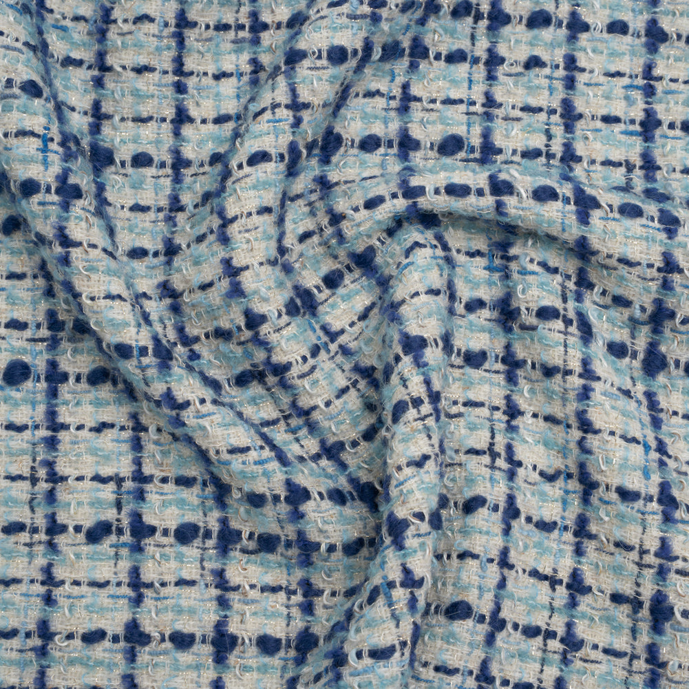 Metallic Wool Blend Boucle Tweed Made in Italy - White, Sky Blue and Cobalt Checks - Joann Fabrics