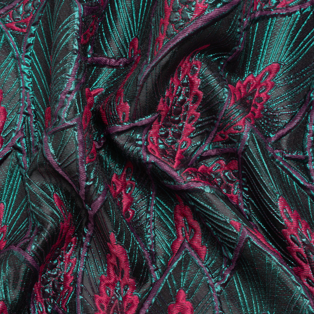 Metallic Teal, Raspberry and Black Decorated Feathers Luxury Brocade - Joann Fabrics