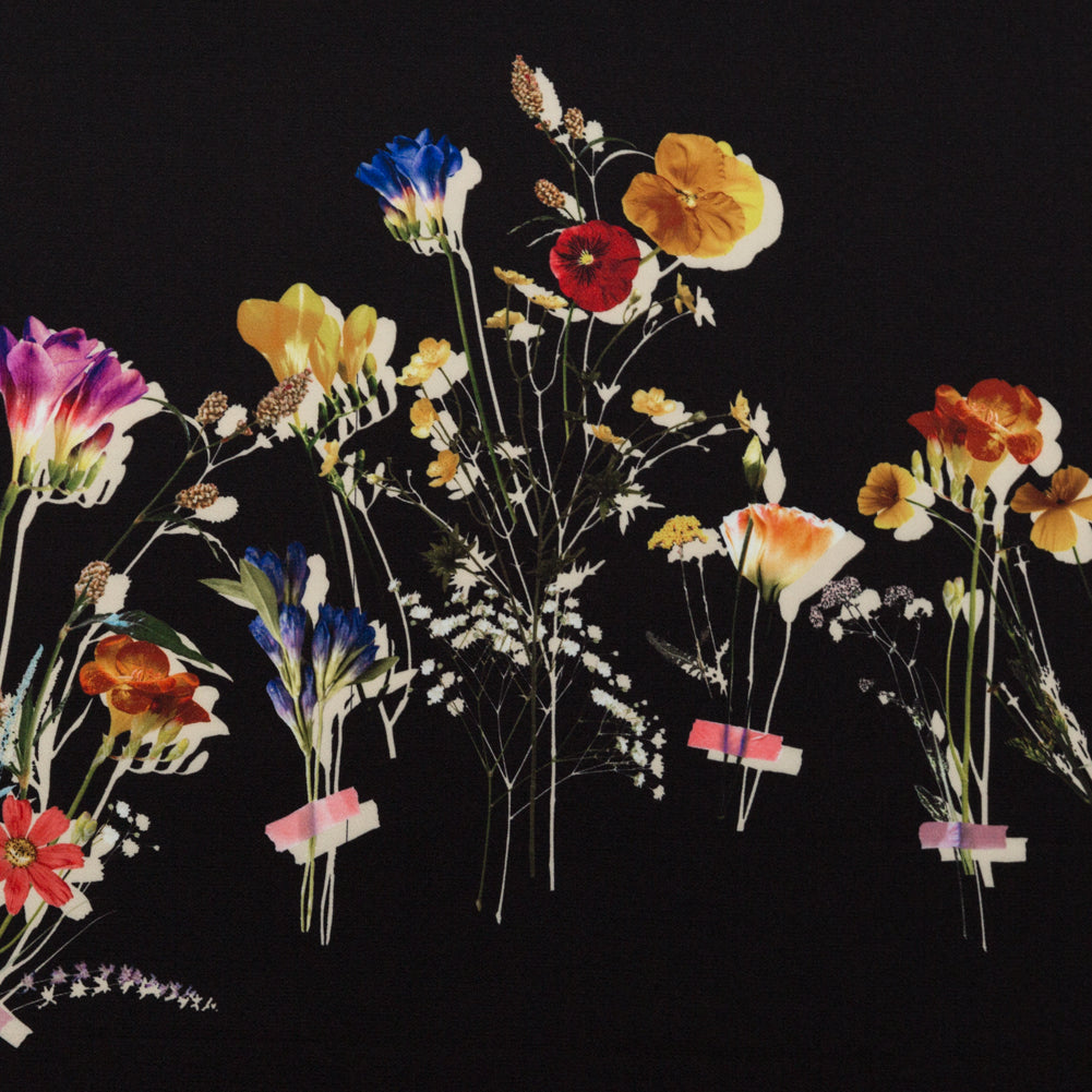 Stretch Polyester Crepe Panel - Black and Rainbow Floral - The Power of Will Print - Mood Exclusive Crow Collection - Joann Fabrics