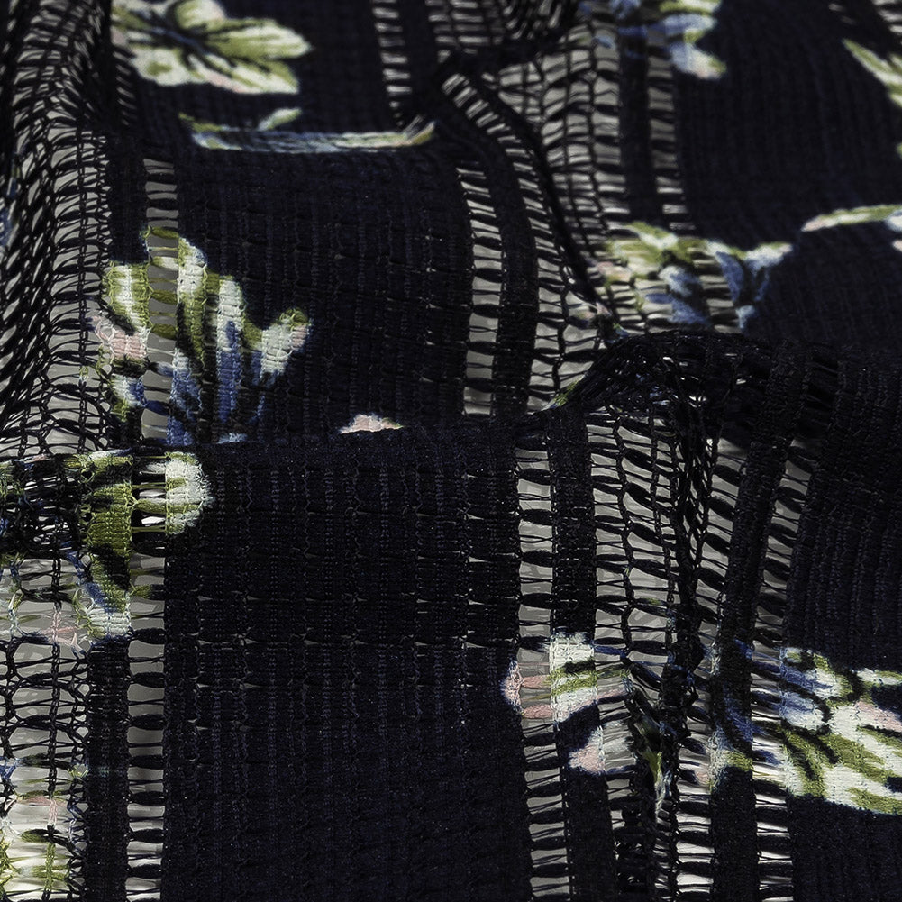Digitally Printed Lace - Navy and Green Floral on Black Grid Stripes - Joann Fabrics