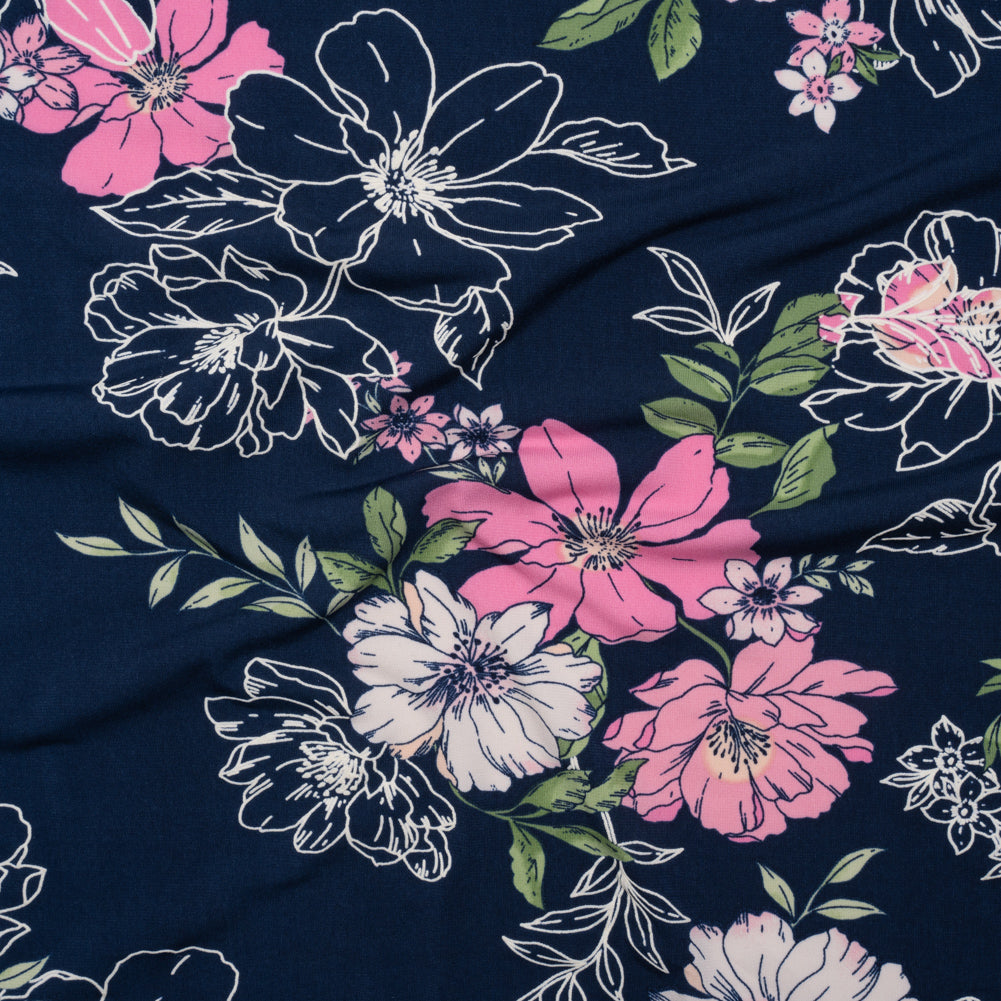 Stretch Polyester Tricot with Puff Print - Navy Blue, Pink and White Floral - Designer Deadstock - Joann Fabrics