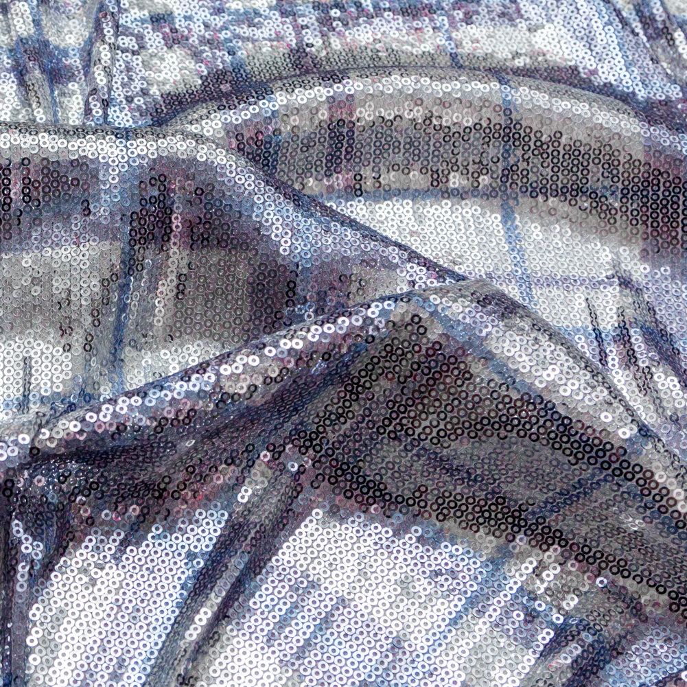 Italian Silver Circle Baby Sequins on Periwinkle, Lavender and White Plaid Mesh - Joann Fabrics