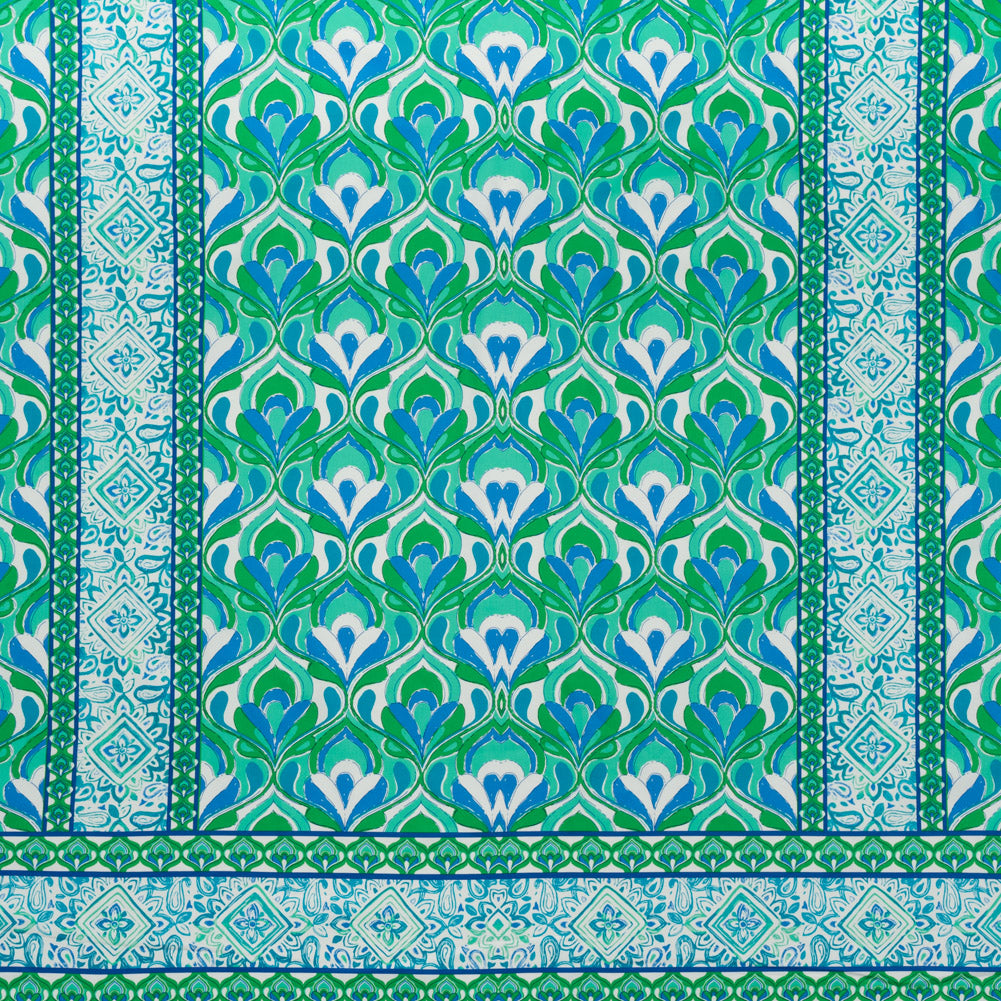 Stretch Cotton Sateen Panel - Blue, Turquoise and Kelly Green Floral Ogees and Stripes - Designer Deadstock - Joann Fabrics