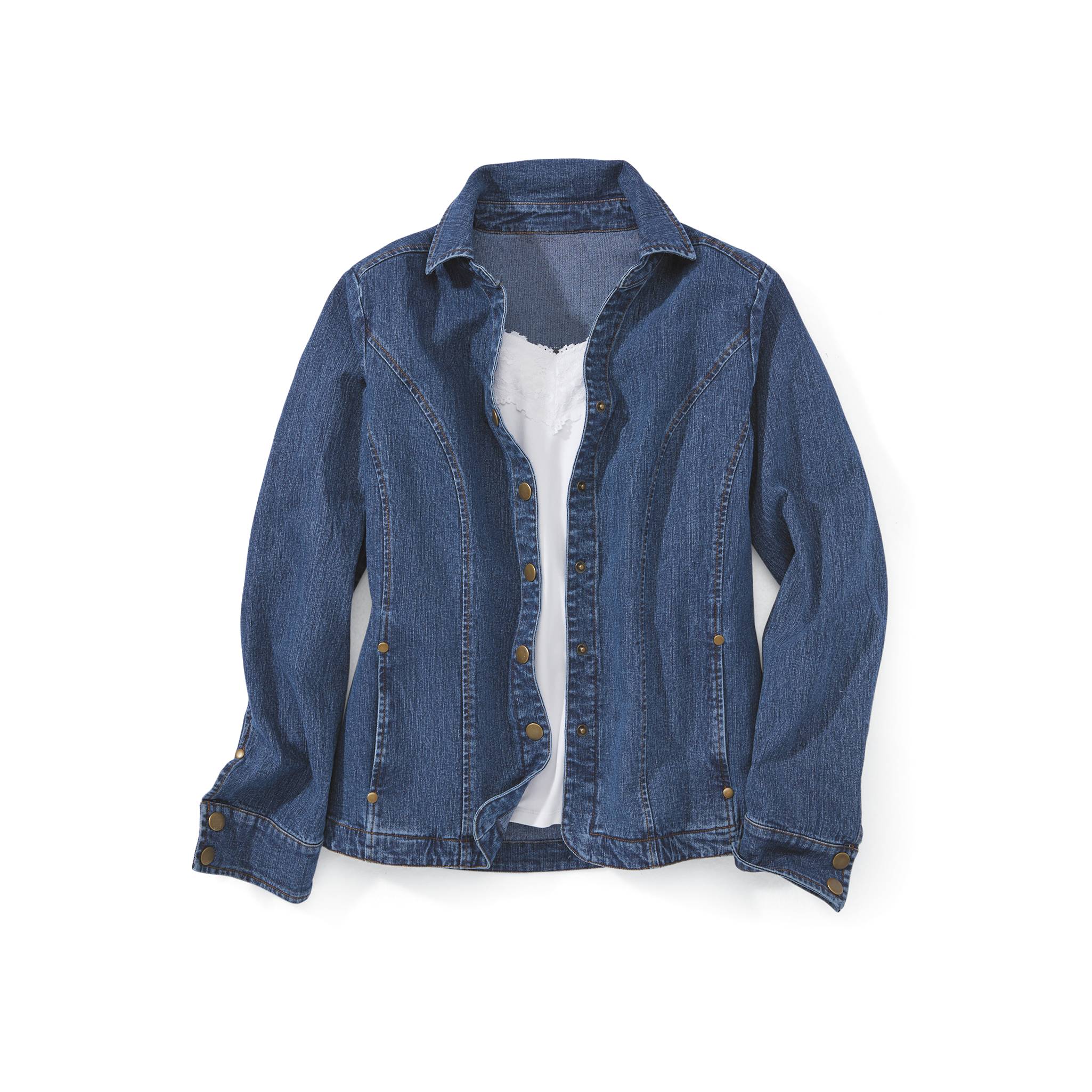 Snap-Front V-Neck Denim Jacket, Princess Seams, Pockets - Northstyle Catalog