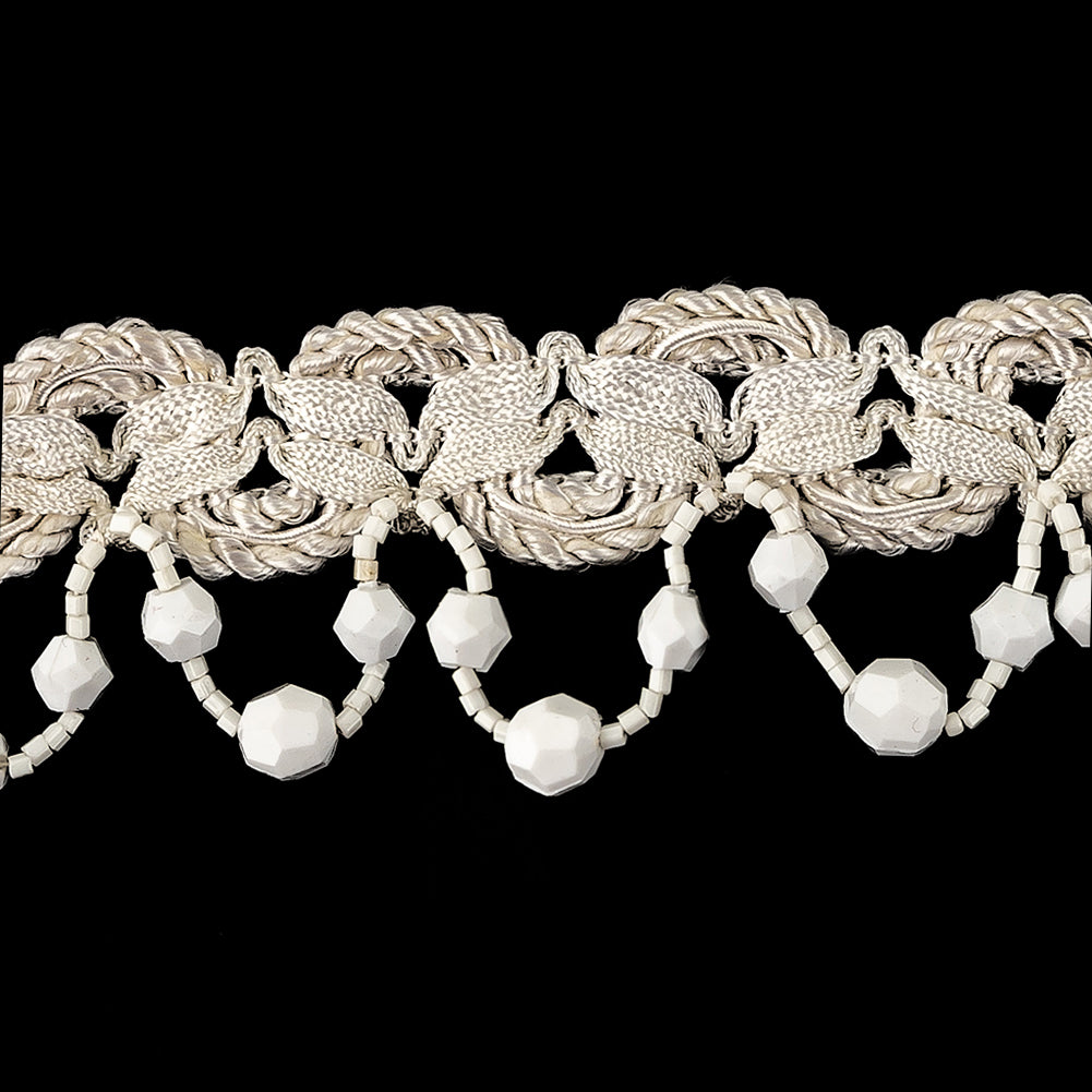 Vintage Ivory Braided Trimming with White Chop and Faceted Beaded Fringe - 1.5