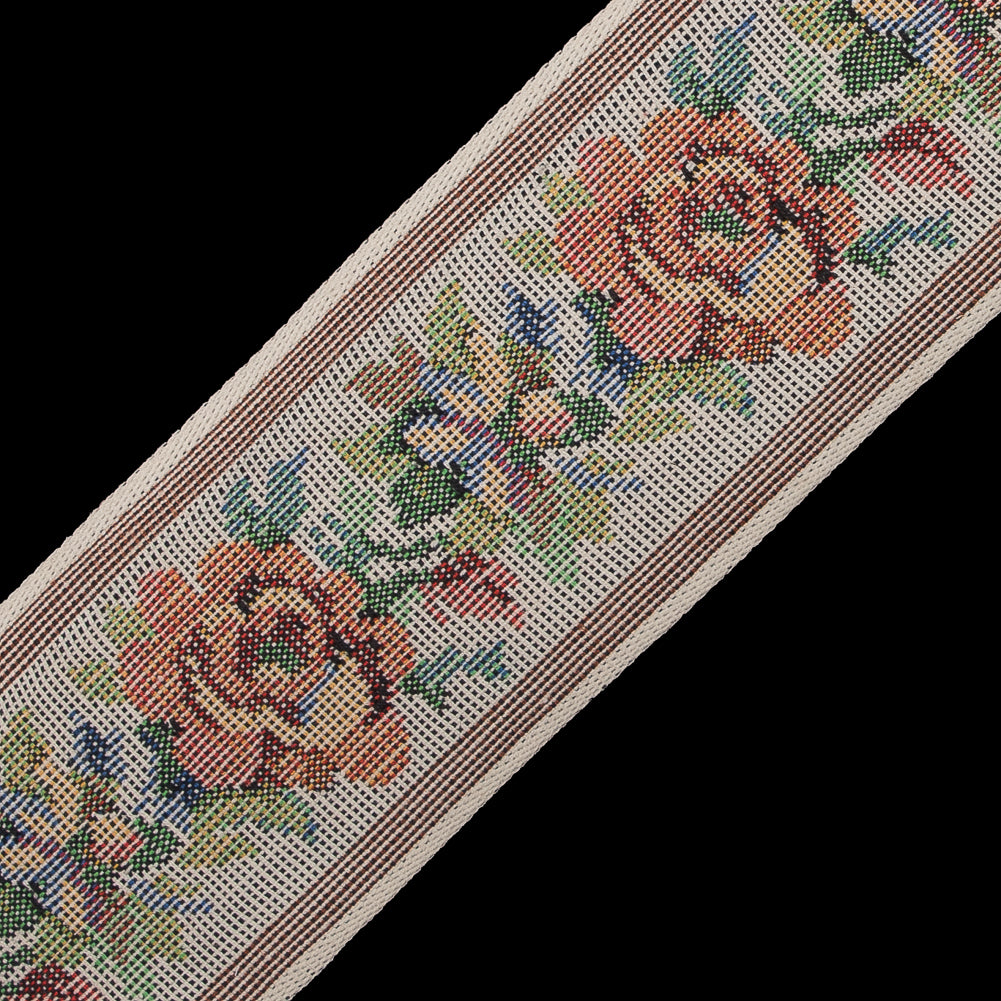 Orange and Beige Muted Floral Jacquard Ribbon - 2.25