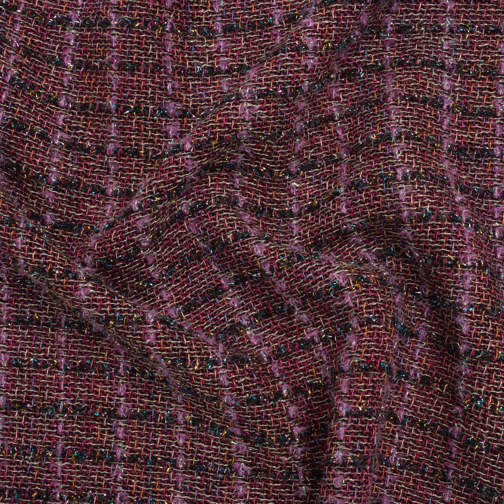 Metallic Wool Blend Tweed Woven with Eyelash Fringe Made in Italy - Purple, Black and Pink Checks - Deadstock - Joann Fabrics