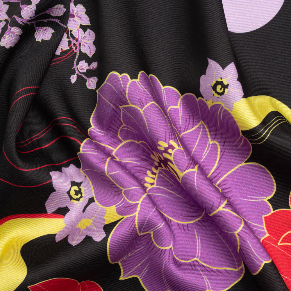 Recycled Polyester Twill - Black, Red and Purple Floral - Japanese Daydreams Print - Mood Exclusive Groove Collection - Joann Fabrics