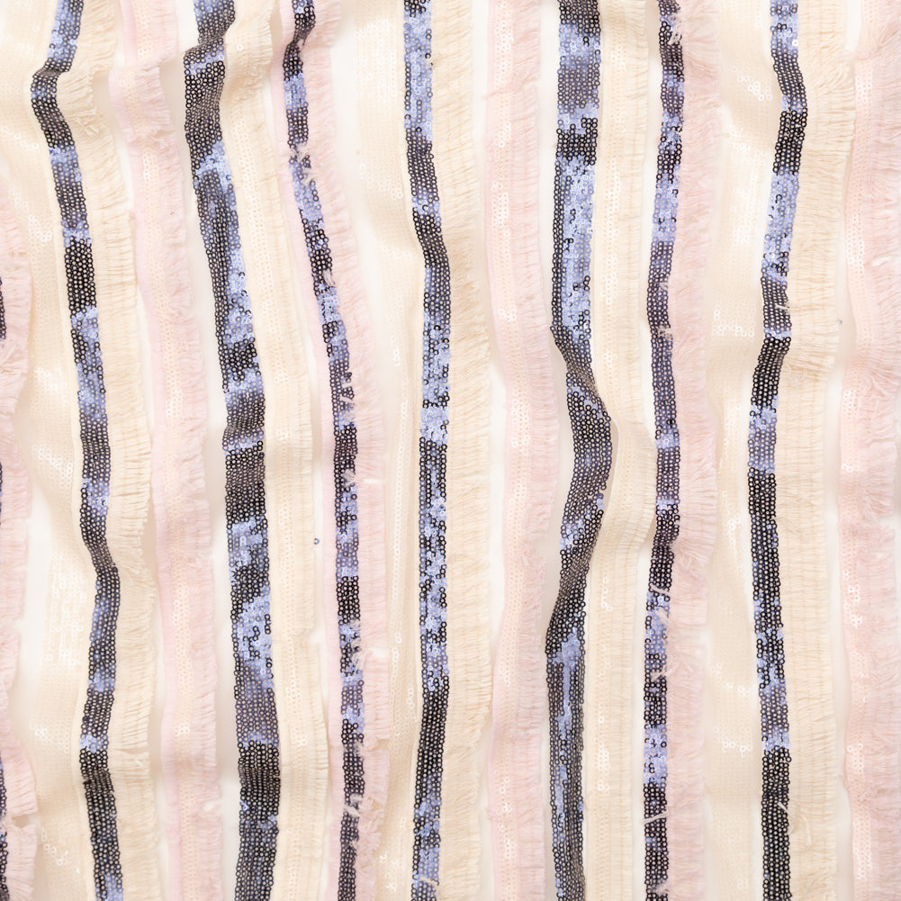 Italian Novelty Pale Beige and Pink Sequins and Fringe Striped Tulle - Joann Fabrics