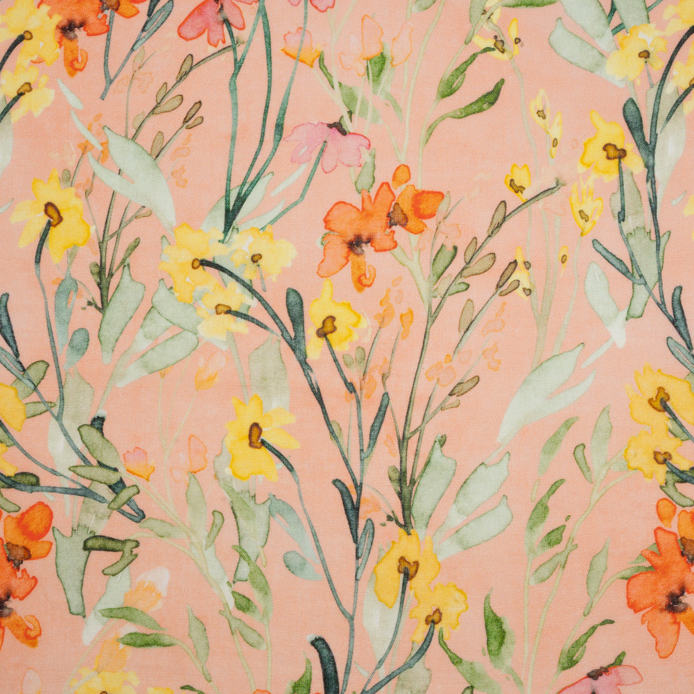 Lightweight Linen Woven - Yellow, Red and Green Watercolor Floral Trails on Blush Pink - Joann Fabrics
