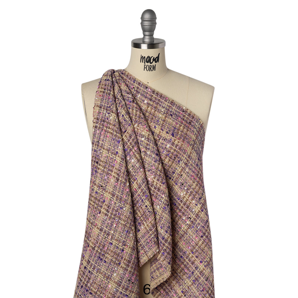Polyester Tweed with Eyelash Fringe - Beige, Purple and Pink Striated Plaid - Joann Fabrics
