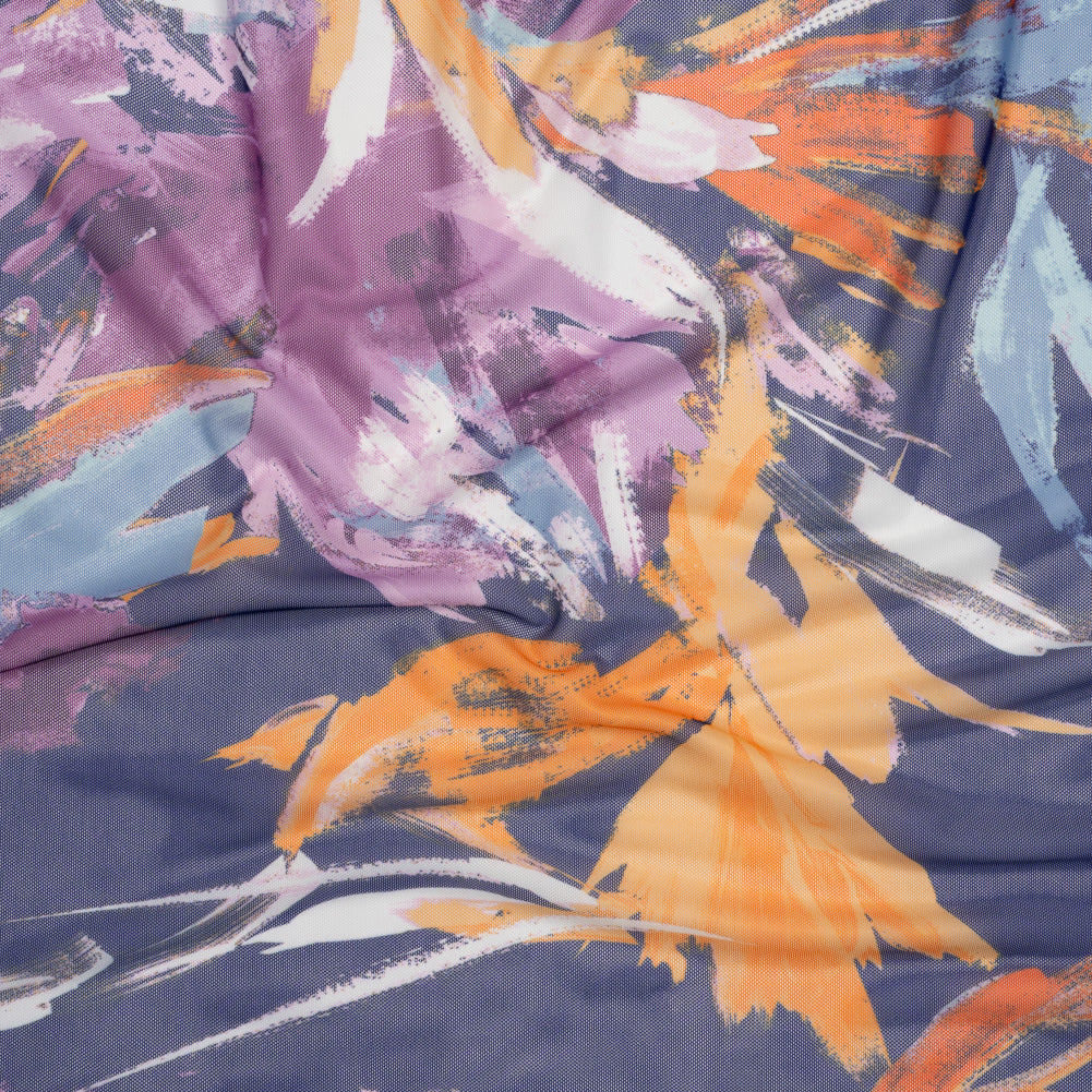 Polyester Stretch Mesh - Navy, Plum Purple and Golden Yellow Abstracted Brushstroke Plants - Designer Deadstock - Joann Fabrics