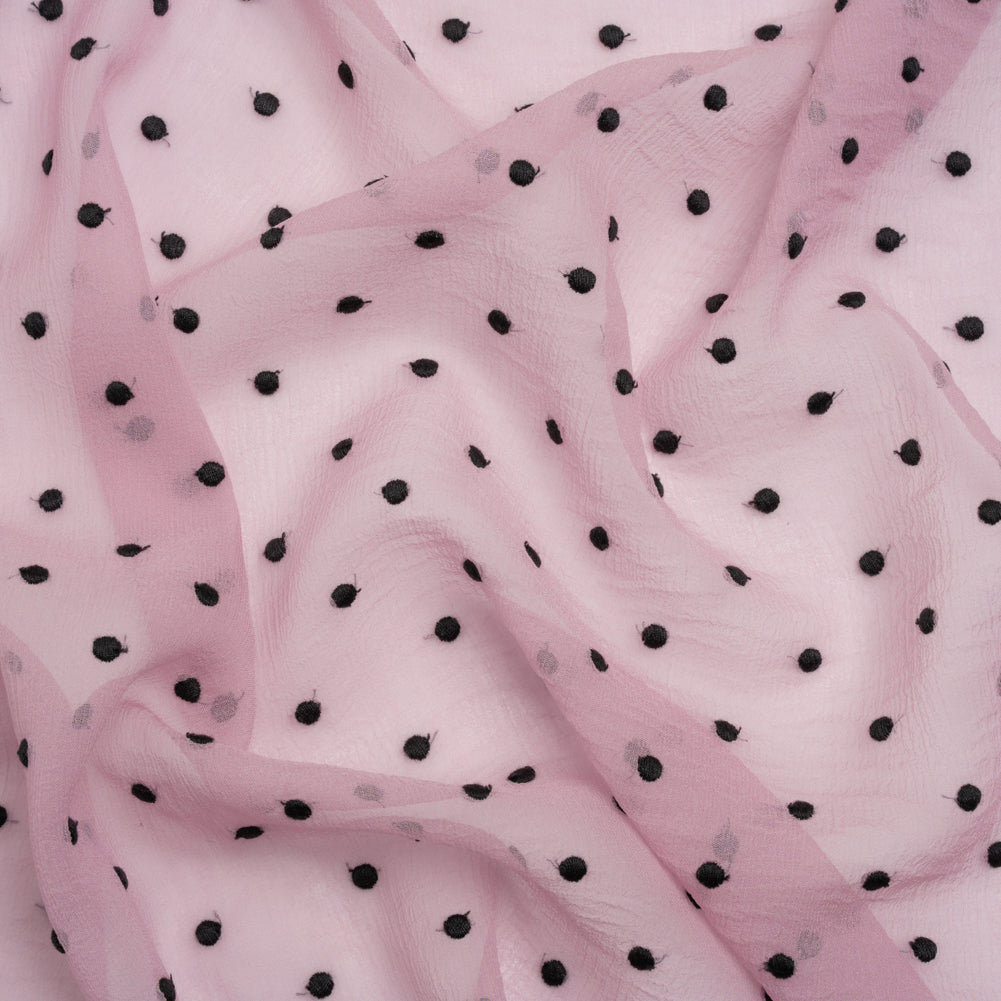 Famous Australian Designer Lilac and Black Embroidered Polka Dots Crinkled Silk Georgette - Joann Fabrics