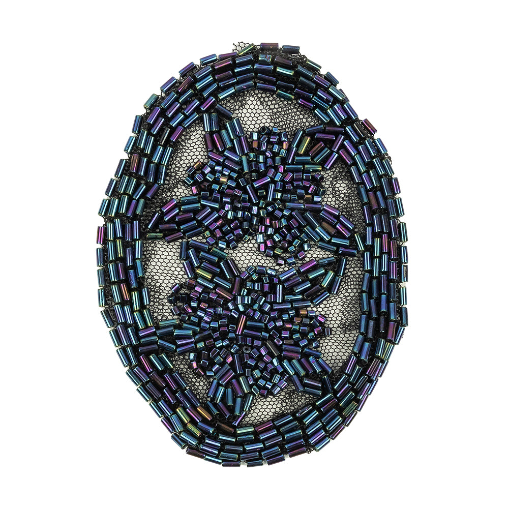 Vintage Blue Iris Floral Bugle Beaded Applique on Black Mesh - 3