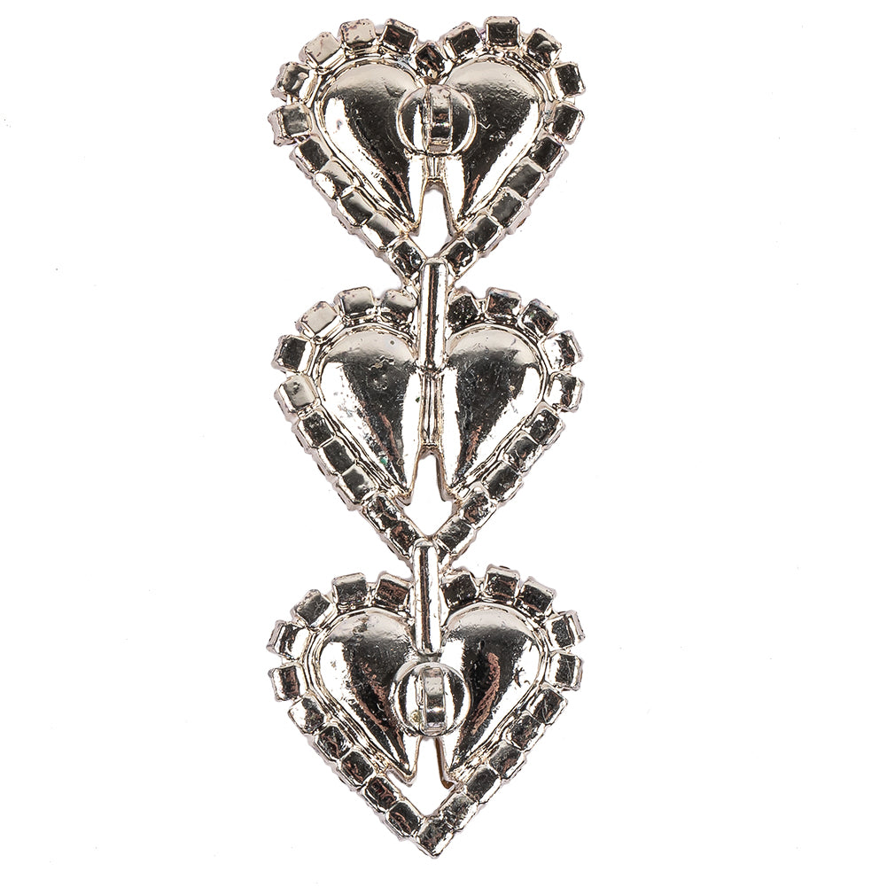 Vintage Swarovski Crystal Rhinestones and Silver Metal Three Hearts Sew-on Ornament - 2.25
