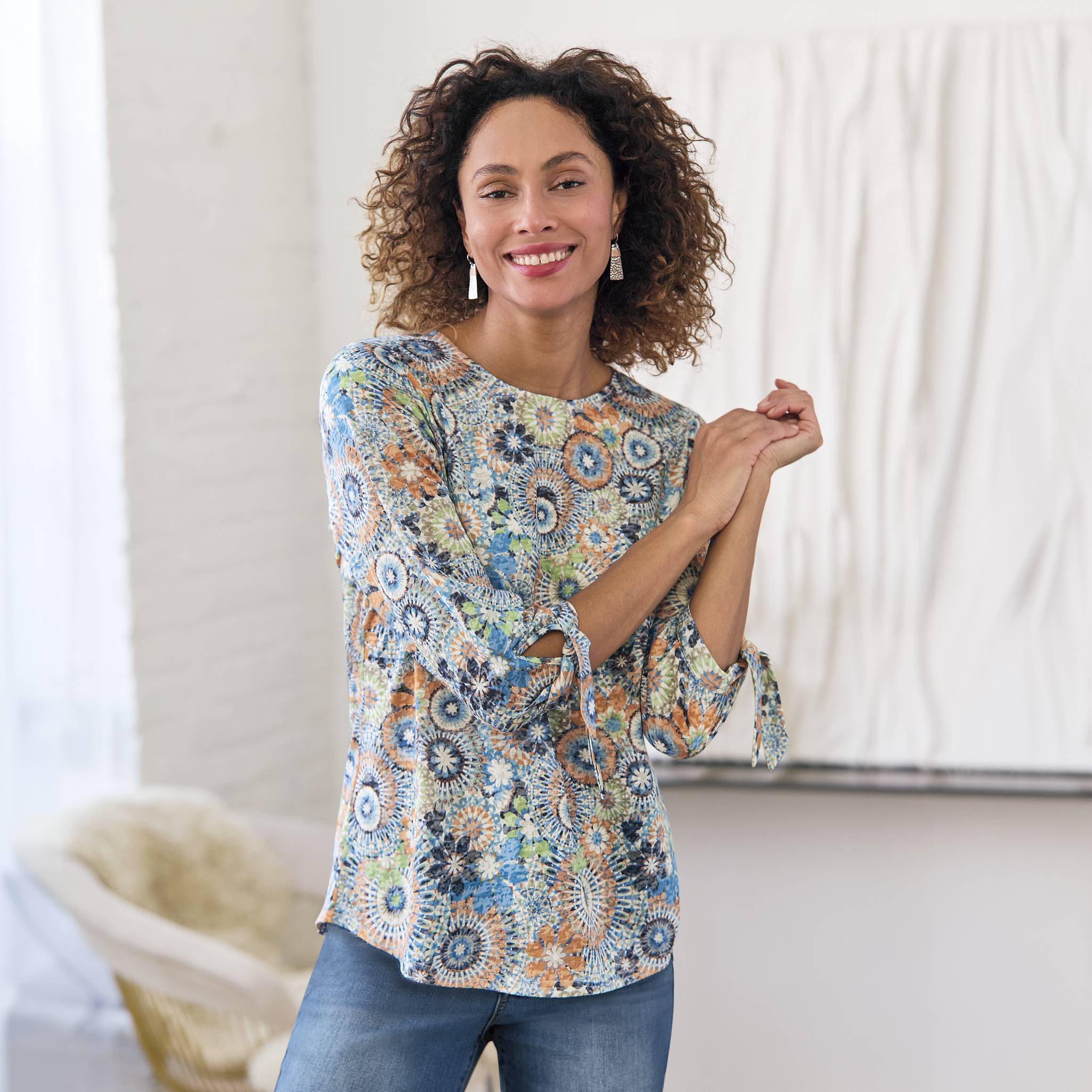 Kaleidoscope Tie-Sleeve Top, 3/4 Sleeves, Soft Burnout Knit - Northstyle Catalog