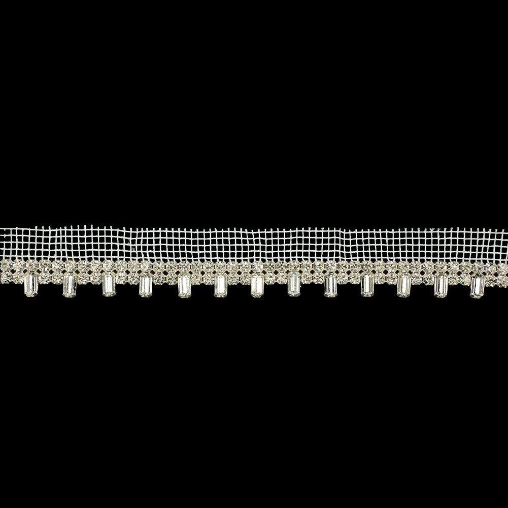 Vintage Crystal and Silver Rhinestone Baguette Trimming on White Mesh - 1