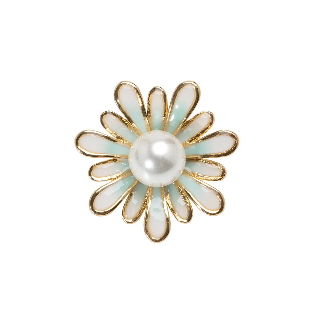 Enameled Metal and Pearl Shank Back Button - 36L/23mm - Green, Pearl White, and Gold Flower - Joann Fabrics