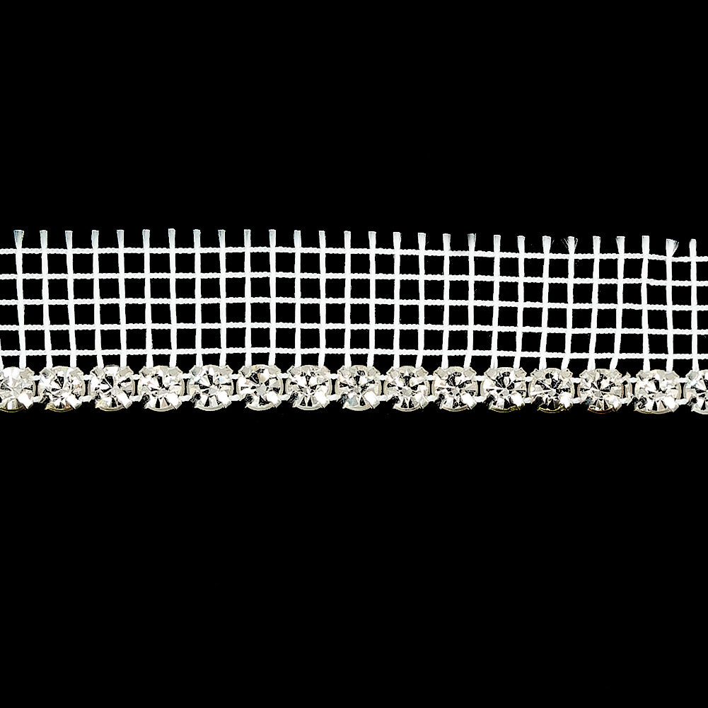 Vintage Crystal and Silver 1 Row Circular Rhinestones on White Mesh Trimming - 0.75