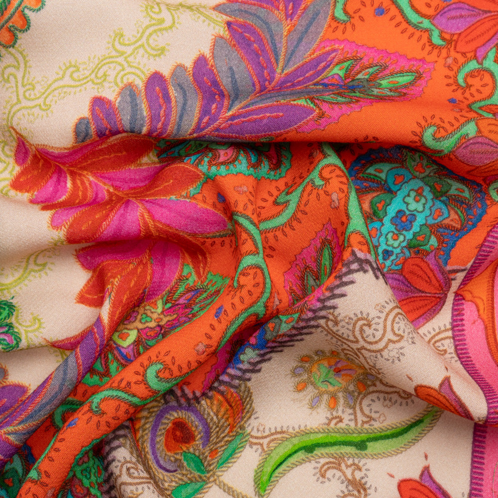 Viscose Crepe Panel - Red, Pink and Orange Fancy Leaves - Mood Exclusive Peacock Gardens - Joann Fabrics