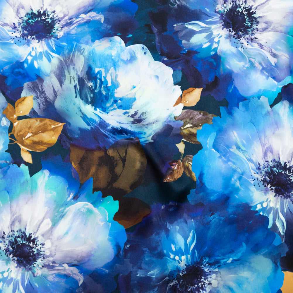 Mood Exclusive Italian Peacoat and Gray Mist Painterly Floral Digitally Printed Silk Charmeuse - Joann Fabrics