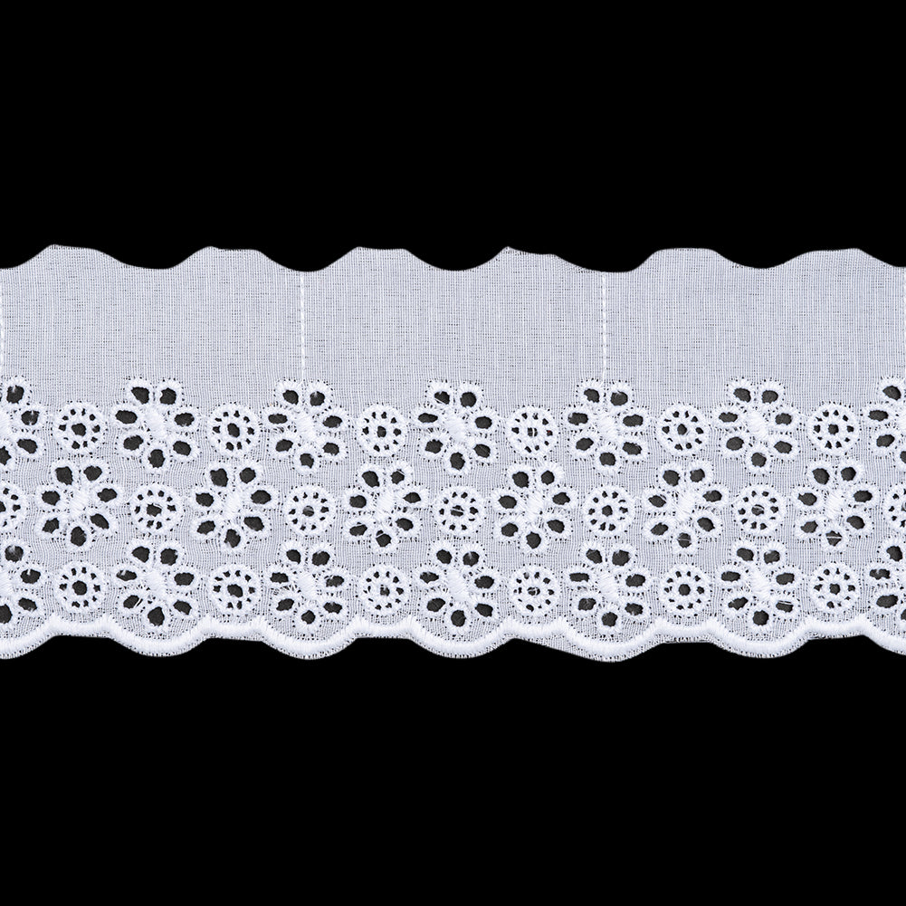 Cotton and Polyester Embroidered Eyelet Lace Trim with One Finished Scalloped Edge - 2.75