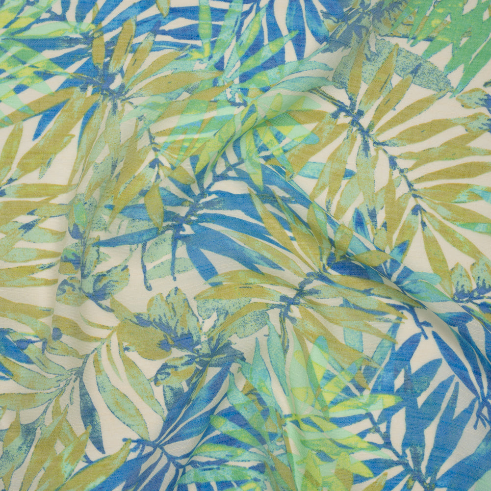 Slubbed Polyester and Rayon Woven - Blue, Green and Beige Palm Leaves - Designer Deadstock - Joann Fabrics