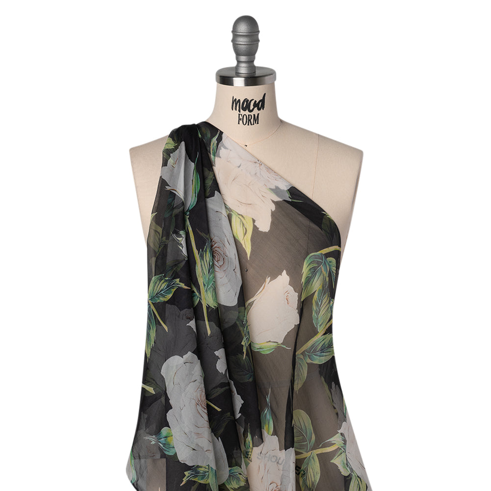 Silk Voile Print - Black, White and Green Roses - Deadstock - Joann Fabrics